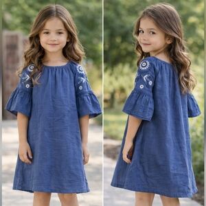 Artisan NY Girls Boho Embroidered Dress Size 6 Blue Bell Sleeve Dress